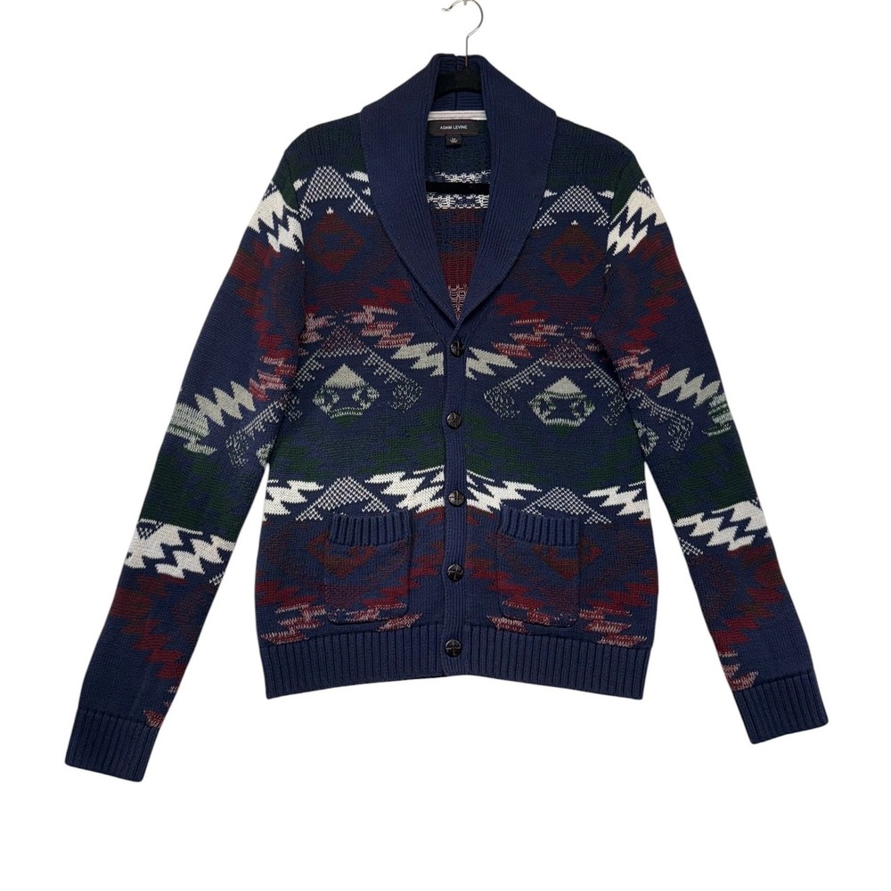 Adam Levine Mens Shawl Collar Cardigan Sweater Medium Blue Aztec Geometric Knit